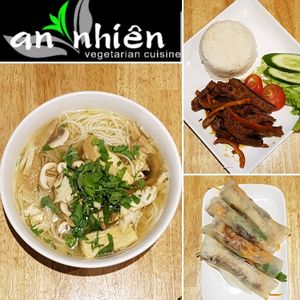 Rice noodle soup with soy fillet on side, Lemon grass chilli and seaweed nuggets and rice, peking wraps at An Nhien Vegetarian Cuisine in Cabramatta