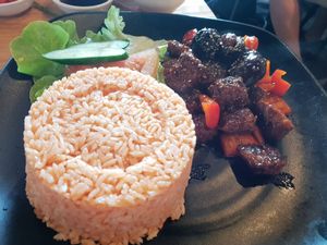 Tomato rice with pepper mock chicken at An Nhien Vegetarian Cuisine in Cabramatta