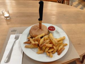 Burger (made vegan) with potato cuts (fries) at St Gervais in Biel