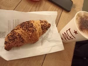 Choco croissant and cappuccino at Pret A Manger - Great Eastern St in London