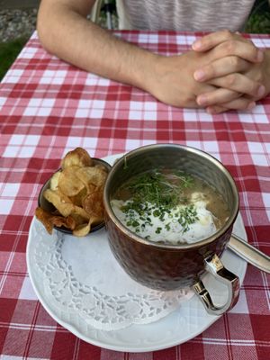 Mushroom-Potato Soup with fresh potato crisps  at Stiftskeller in St Florian