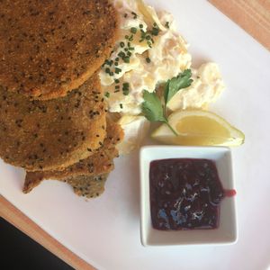 seitan schnitzel with potato salad at Stiftskeller in St Florian