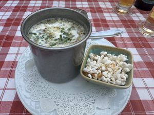 Polenta-Schwammerlsuppe mit Popcorn   at Stiftskeller in St Florian