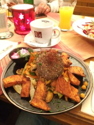 Grain patties on top of a bed of veggies at Stiftskeller in St Florian