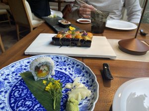 Half eaten sushi roll 👻 and miso eggplant appetizer   at Wynn Hotel - Mizumi in Las Vegas