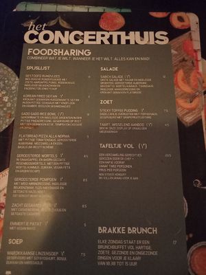 Menu, V = vegan, (V) = vegan mogelijk at Het Concerthuis in Groningen