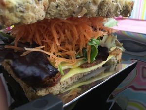 Traditional Chorizo/cheese sandwich made with seitan chorizo   at Vegana By Tentúgal in Porto