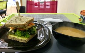 Soup of the day and olive-tofu sandwich at Vegana By Tentúgal in Porto