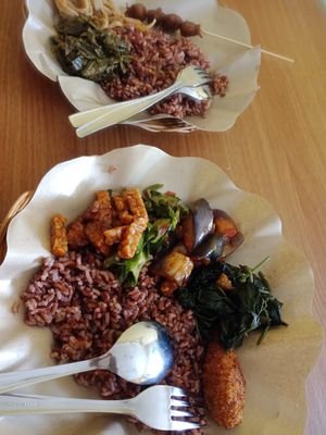 Red rice with side dishes at Suka Cita Vegetarian in Tangerang