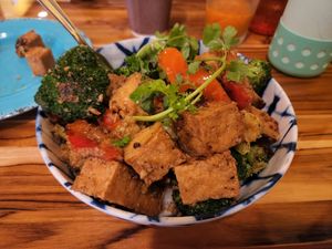Garlic rice with fried tofu! at Woody's Thai Kitchen in Seward
