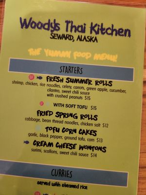 Part of the menu at Woody's Thai Kitchen in Seward