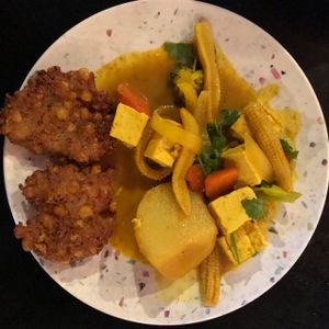 yellow curry and tofu corn cakes at Woody's Thai Kitchen in Seward