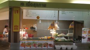 Please check red & yellow sign as this is a indication it serves vegan & Vegetarian  meals at Jay Health in Chiang Mai