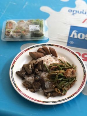 Vegan summer rolls for takeaway, vegan northern sausage, mushrooms steams, beans curry with rice  at Tien Sieng Vegetarian Foods in Chiang Mai