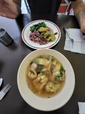 Dumplings in soup, rice with to dishes from the cantines at Tien Sieng Vegetarian Foods in Chiang Mai