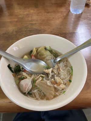 Dumpling soup with added noodles  at Tien Sieng Vegetarian Foods in Chiang Mai