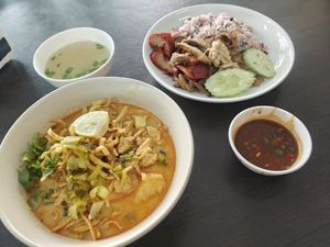 Khao Soi and rice topped with some delicious mock meat. The sauce was very good as well. at Tien Sieng Vegetarian Foods in Chiang Mai