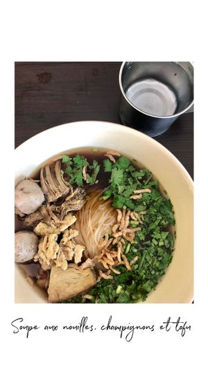 Noodles soup with mushrooms balls, tofu, cabbage and some other amazing toppings !  at Tien Sieng Vegetarian Foods in Chiang Mai