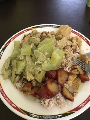 3 different fake meat dishes and a fake meat and potato green curry - costed 40 baht  at Tien Sieng Vegetarian Foods in Chiang Mai