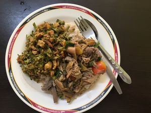 Giant plate of rice and 2 options....both super tasty and satisfying! at Tien Sieng Vegetarian Foods in Chiang Mai