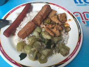 From the buffet, 55 baht (the veggie sausages are an extra 15 baht each. Otherwise this would just be 25 baht) at Tien Sieng Vegetarian Foods in Chiang Mai
