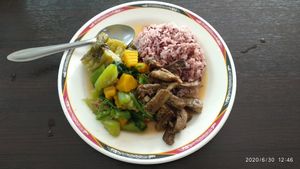 Brown rice with three options at Tien Sieng Vegetarian Foods in Chiang Mai