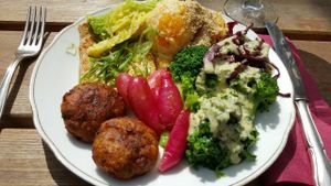 Millet with sweet vegetables, marinated baked tofu, potato buckwheat croquette with mustard sauce,  broccoli, paksoi with tahini lemon dressing.  at Simone's Kitchen in Antwerpen
