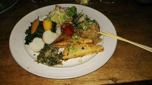 Main dish 02.11.2017: Battered and fried Tofu with vegetable rice and diverse vegetables and cabages.  at Simone's Kitchen in Antwerpen