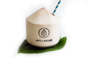 Fresh raw coconut juice at Juice by Nature in Amsterdam