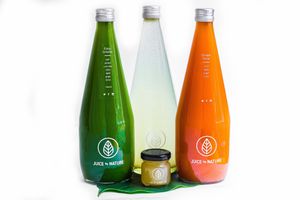 Variety of cold pressed juices at Juice by Nature in Amsterdam