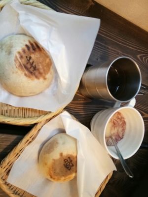 Oyaki. Green tea. Miso soup at OYAKI Company in Tokyo