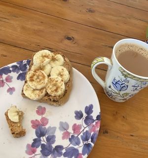 Pb banana cinnamon toast and soya chai  at Trimutri in Dharamkot