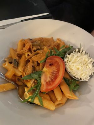 Vegan penne della casa with added vegan cheese  at Novecento in Haarlem