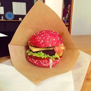 vegan cheese burger at OM NOM NOM in Lviv