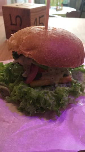One of the two vegan burgers with tofu  at OM NOM NOM in Lviv