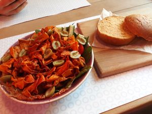 Hummus bowl with sweet potato chips at OM NOM NOM in Lviv