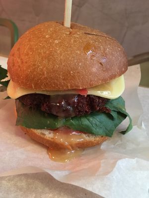 Cheeseburger with pickled ginger and beetroot patty...absolutely delicious 🙂 at OM NOM NOM in Lviv