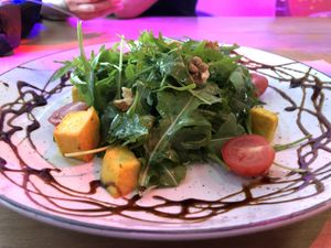Arugula salad with beetroot and friend tofu-loved it!  at OM NOM NOM in Lviv