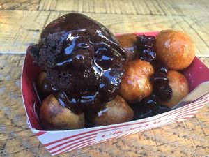 vegano 2.0 - chocolate sorbet, cherrys in syrup, praline filled lukumades at Lukumades in Athens