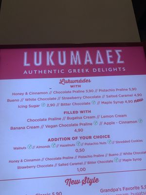 Menu  at Lukumades in Athens