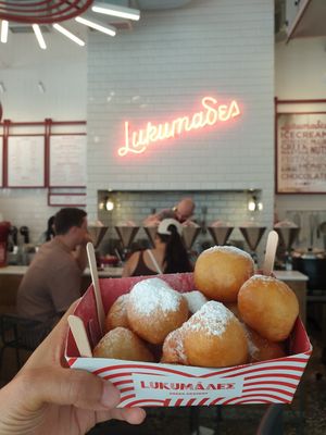 Lukumades with icing sugar €2.90 at Lukumades in Athens