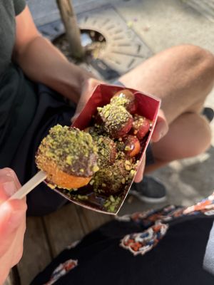 Bitter chocolate and pistachios   at Lukumades in Athens