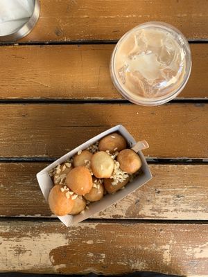 Lukumades with agave syrup & almond latte at Lukumades in Athens