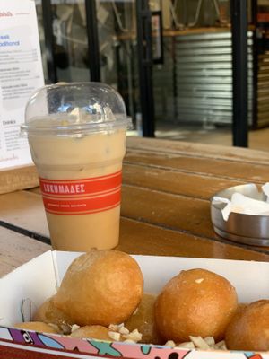 Lukumades with agave syrup & almond latte at Lukumades in Athens