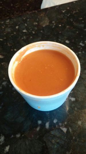 Chipotle sweet potato bisque. This was amazing! SO yummy. Tasted like there was bacon in it with a beautiful chipotle taste and spiciness. Highly recommend this soup! at GOOD Grains in Toronto