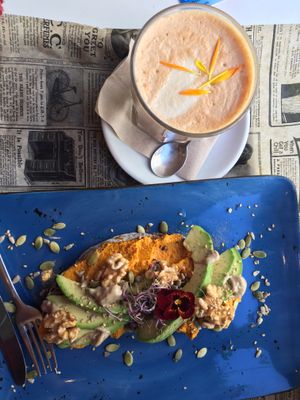 Vegan chai and tostada  at Cafe Green Bakery in Madrid