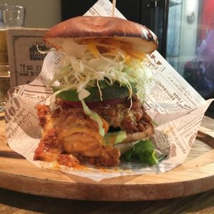 The Vegan Burg. Bean Patty, Salad, Avo and Bolognese Sauce.  at Vegan Burg Kitchen in Osaka
