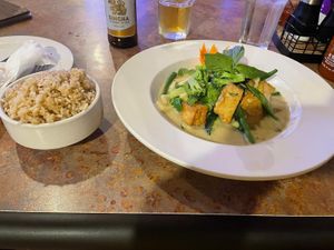 Vegan Green Thai Curry with Brown Ricee  at Taste of Thai Restaurant in North Conway