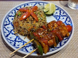 Wild Tribe Fried-Rice with BBQ Tofu Skewers at Wild Tribe Cafe in Koh Samui