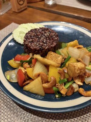 Stir fried cashews with rice berry rice  at Wild Tribe Cafe in Koh Samui
